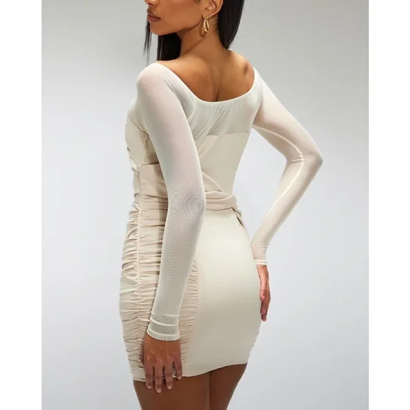 NWT PLT Cream Satin Bardot Twist Front Cut Out Bodycon Dress - Picture 4 of 8